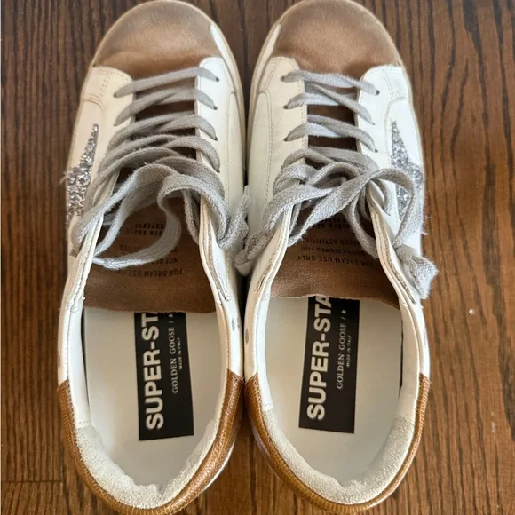 Golden Goose White and Brown Sneakers with Glitter Star - Picture 2 of 6